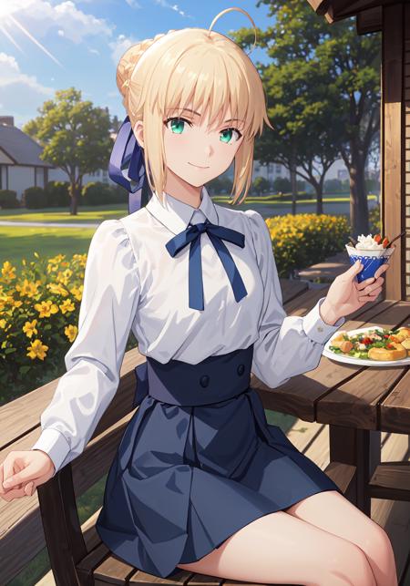 00184-2581720458-best quality, masterpiece, phSaber, phAltoria, 1girl, solo, sitting, blue ribbon, cup, skirt, smile, shirt, food, looking at vie.png